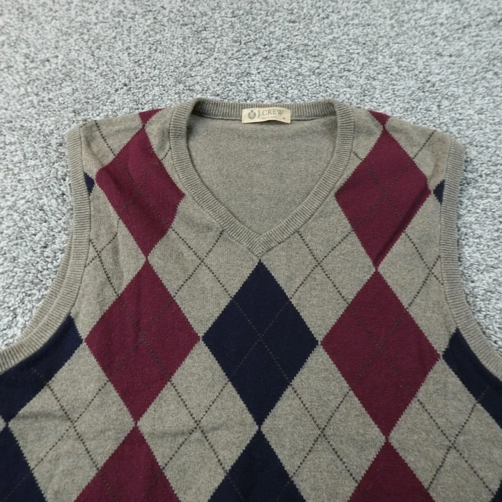 J Crew Sweater Vest Mens M Gray Cotton Cashmere Argyle V Neck Knit Pullover Dad